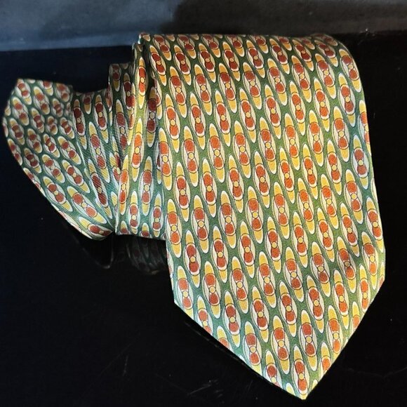 Claude Montana Silk Tie Retro Mid Century Modern Orange Olive Green Bowling Pin - Picture 5 of 6